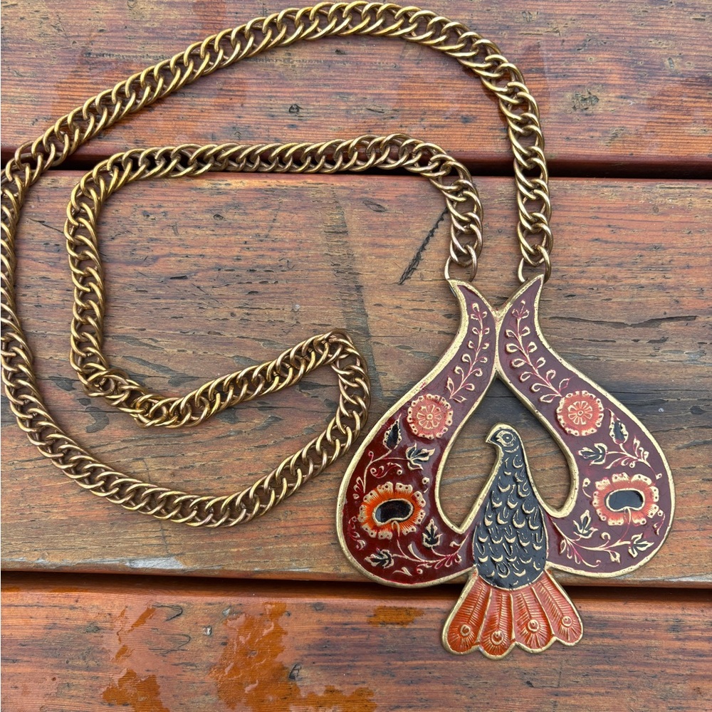 Vintage 1970s “Made in India” Enamel Peacock Pendant Necklace - Picture 1 of 5